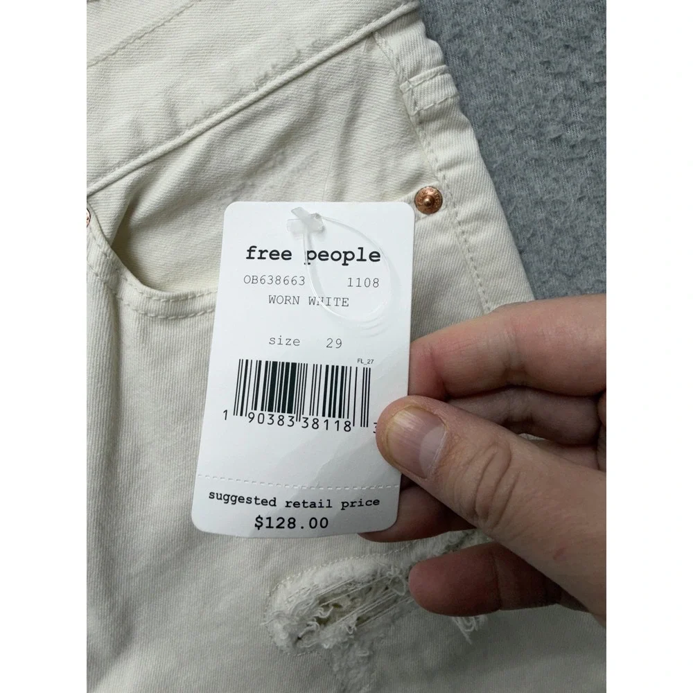 Free People Straight Jeans Womens 29 Worn White High Rise Distressed Raw Hem